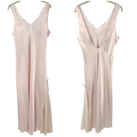 Vintage Valentino Slip Dress Size Large Pink Satin Maxi Gown Lace Mesh Bow Long